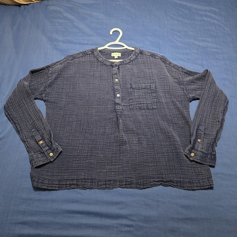 Wonderly Blouse Womens XL Blue 100% Cotton Henley Gauze Tunic‎ Top Long Sleeve
